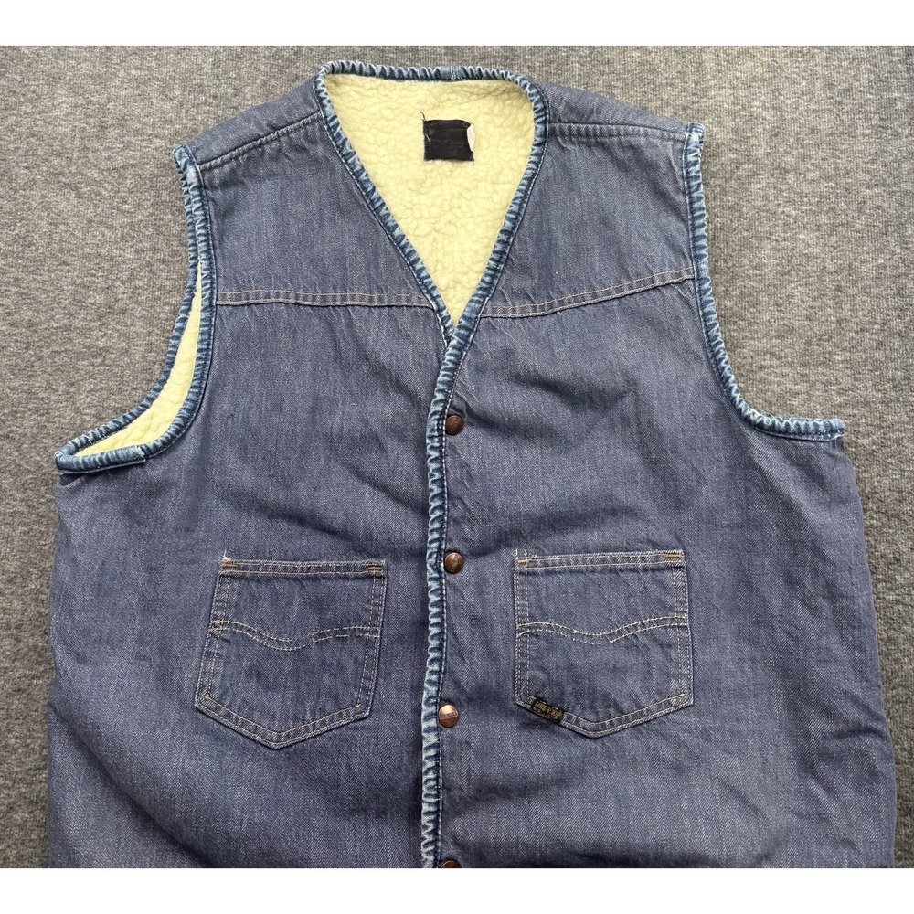 Vintage Sears‎ Roebuck Denim Vest Jacket Size XLT Tall Sherpa Lined Snap *Flaws*